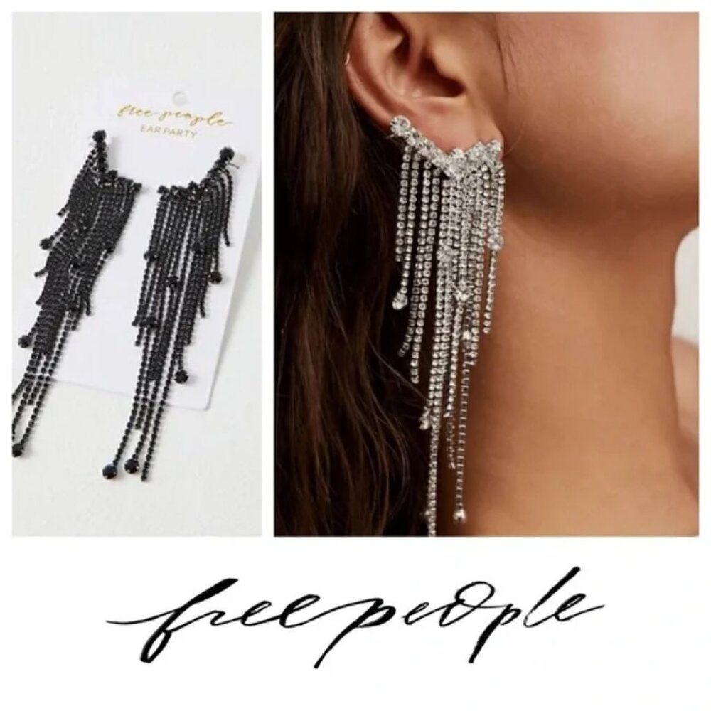 Free People Comeback Ear Party Black Crystal Fringe Earrings NWT